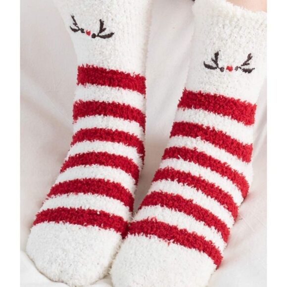 Red Striped Fuzzy Socks - Picture 2 of 3